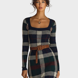 Minnie | Γυναικείο Μίνιμαλ Πλεκτό Μάξι Φόρεμα με Καρό Σχέδιο, Ζώνη και Τετράγωνη Λαιμόκοψη (Women's Minimalist Check Knit Belted Square Neck Maxi Dress)