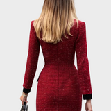 Cynthia | Κόκκινο Φόρεμα Tweed με Μαύρες Λεπτομέρειες