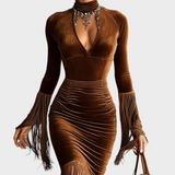 Ramona | Καφέ Βελούδινο Φόρεμα Μάξι με Κουμπί και Φούντες