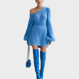 Λούσι | ElevenOra Chic Elegant Μπλε Μίνι Φόρεμα Με Έναν Ώμο Μακρύ Φουσκωτό Μανίκι A-Line