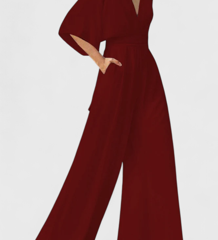 Isaura Μακρύ Κομψό Ολόσωμο με Φαρδύ Μπατζάκι και Ντεκολτέ σε V