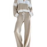 Marisol - Γυναικείο Casual Πλεκτό Σετ με Ρίγες σε Μπεζ και Λευκό, Γιακά και Φερμουάρ (Women's Beige And White Striped Knitted Collared Half-zip Casual Set)