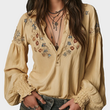 Καθημερινό Κίτρινο Βαμβακερό Πουκάμισο με Floral Κέντημα