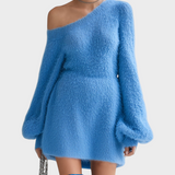 Λούσι | ElevenOra Chic Elegant Μπλε Μίνι Φόρεμα Με Έναν Ώμο Μακρύ Φουσκωτό Μανίκι A-Line