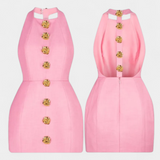 Υβόννη Μίνι Φόρεμα με Δετό Λαιμό, Ανοιχτή Πλάτη και Λουλουδάτη Λεπτομέρεια