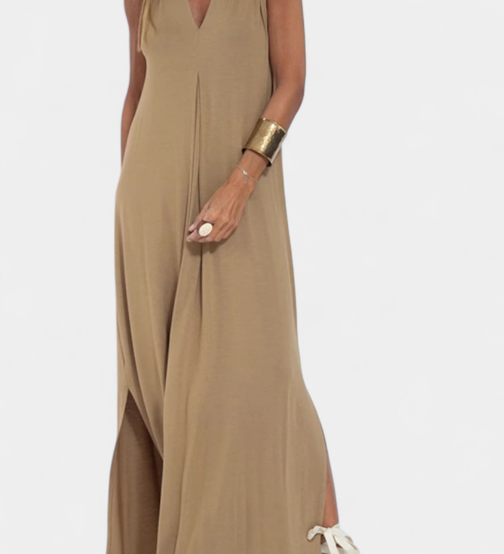 Felisa Κομψό Μονόχρωμο Μάξι Αμάνικο Φόρεμα