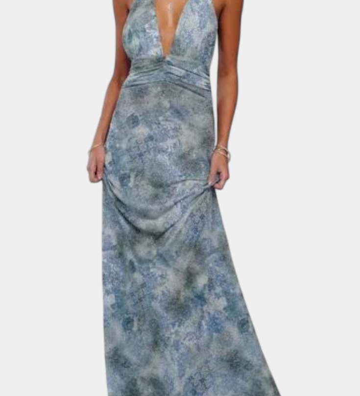 Melody Πουά Maxi Φόρεμα με Βαθιά Λαιμόκοψη