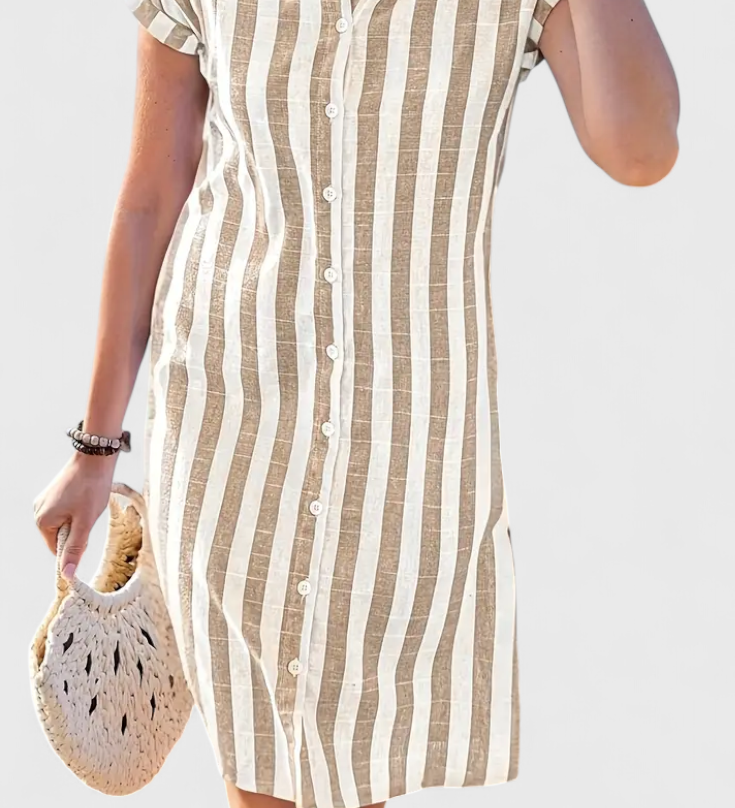 Φόρεμα Πουκάμισο από Λινό με Ρίγες και Κουμπιά