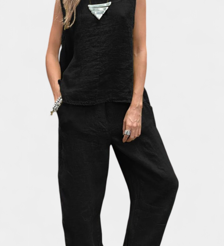 Leona Αμάνικο Σετ με Γιλέκο και Παντελόνι από Βαμβάκι και Λινό