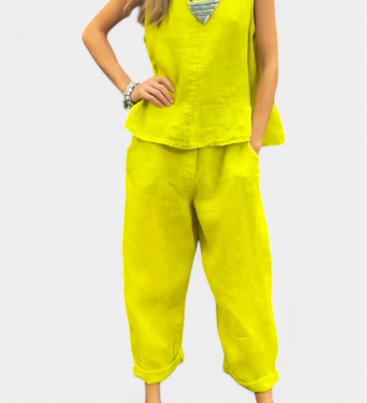 Leona Αμάνικο Σετ με Γιλέκο και Παντελόνι από Βαμβάκι και Λινό