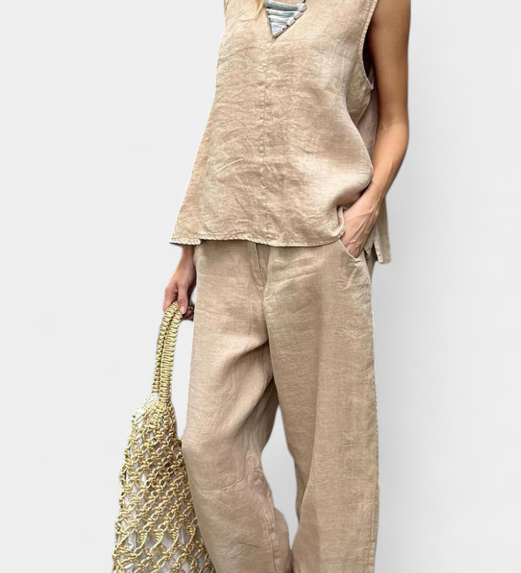 Leona Αμάνικο Σετ με Γιλέκο και Παντελόνι από Βαμβάκι και Λινό