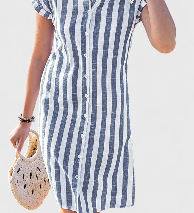 Φόρεμα Πουκάμισο από Λινό με Ρίγες και Κουμπιά
