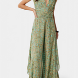 Λεάντρα Ρευστή Ολόσωμη Φόρμα Κρουαζέ με Πράσινο Λουλουδάτο Σχέδιο