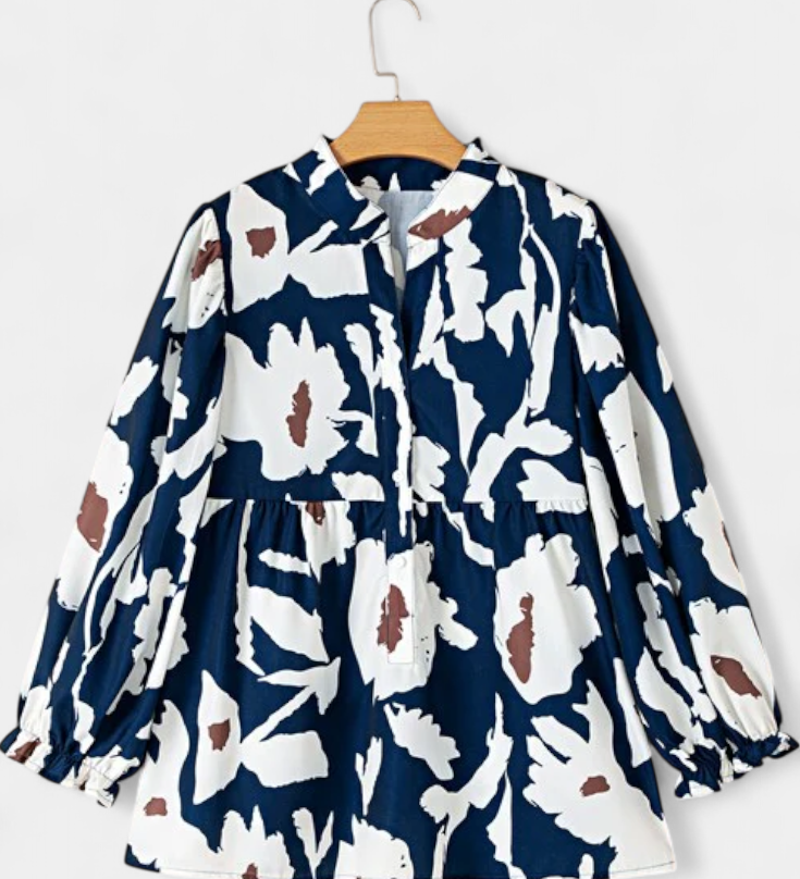 Filomena Μπλούζα με Μισό Κουμπιά, Φουσκωτά Μανίκια και Αφηρημένο Φλοράλ Σχέδιο