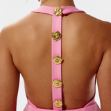 Υβόννη Μίνι Φόρεμα με Δετό Λαιμό, Ανοιχτή Πλάτη και Λουλουδάτη Λεπτομέρεια