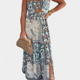 Edurne Μακρύ εμπριμέ φόρεμα με στράπλες λαιμόκοψη