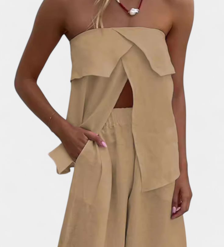 Oriana Στράπλες Σετ με Φούστα με Σκίσιμο σε Μονόχρωμο Σχέδιο