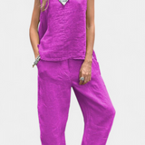 Leona Αμάνικο Σετ με Γιλέκο και Παντελόνι από Βαμβάκι και Λινό