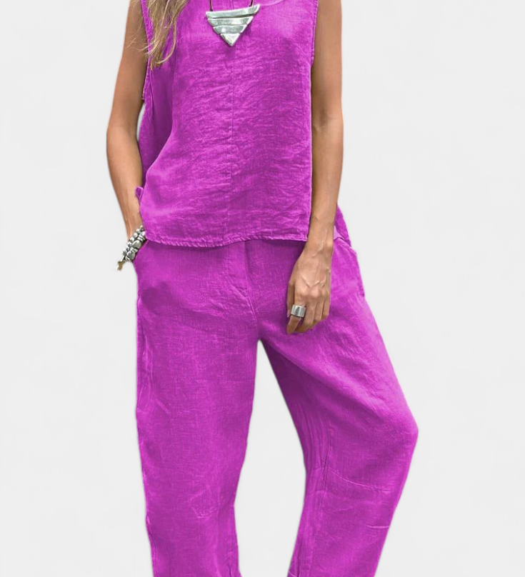 Leona Αμάνικο Σετ με Γιλέκο και Παντελόνι από Βαμβάκι και Λινό