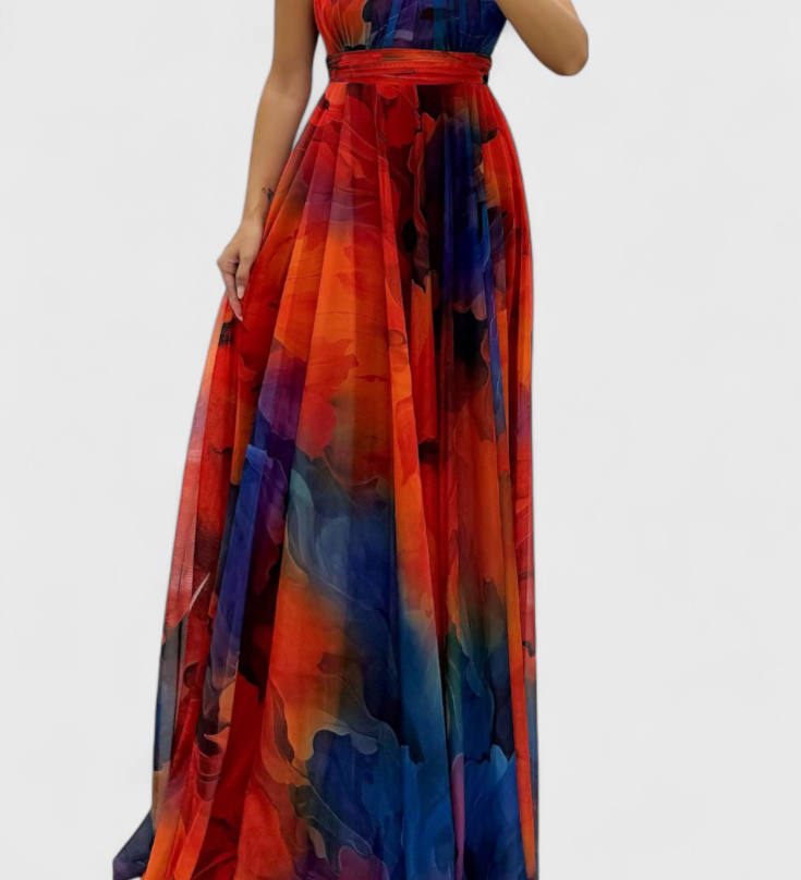 Καπρίς Μάξι Φόρεμα από Σιφόν με Λουλουδάτο Σχέδιο και Δετό Λαιμό