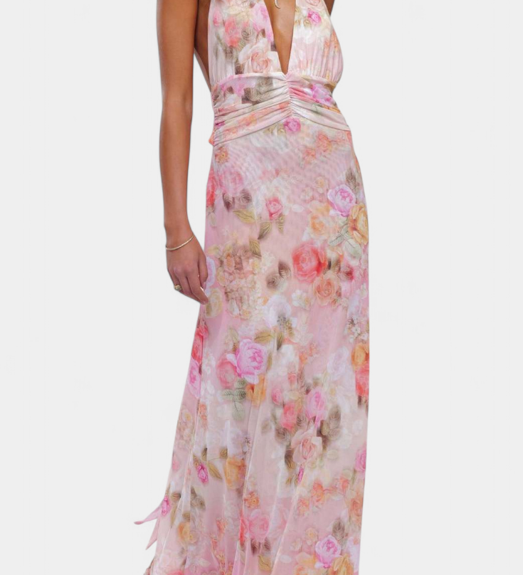 Melody Πουά Maxi Φόρεμα με Βαθιά Λαιμόκοψη