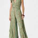 Leandra Ρευστή Ολόσωμη Φόρμα Κρουαζέ με Πράσινο Λουλουδάτο Σχέδιο