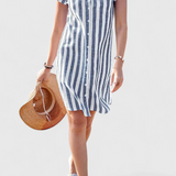 Φόρεμα Πουκάμισο από Λινό με Ρίγες και Κουμπιά