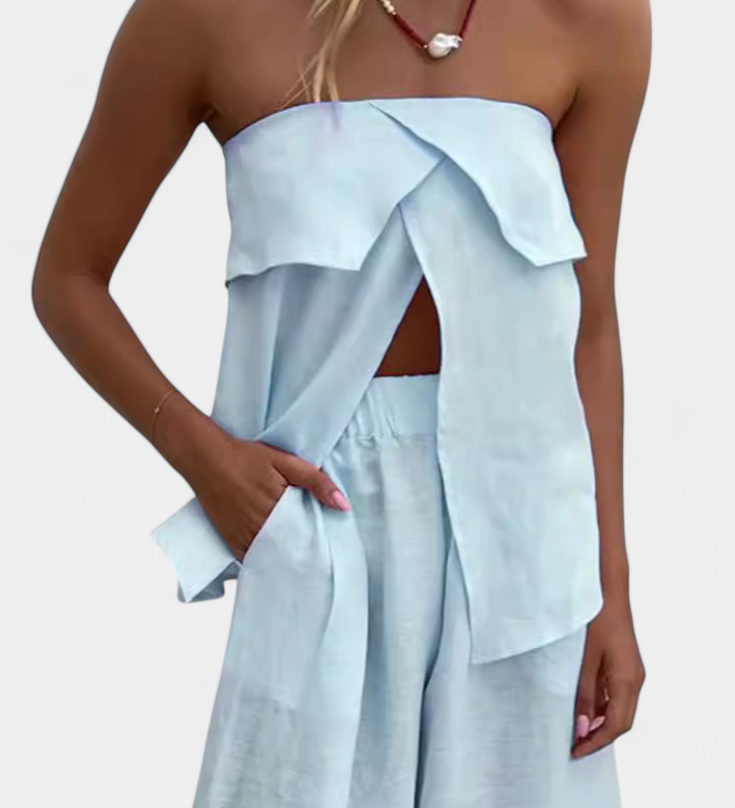 Oriana Στράπλες Σετ με Φούστα με Σκίσιμο σε Μονόχρωμο Σχέδιο