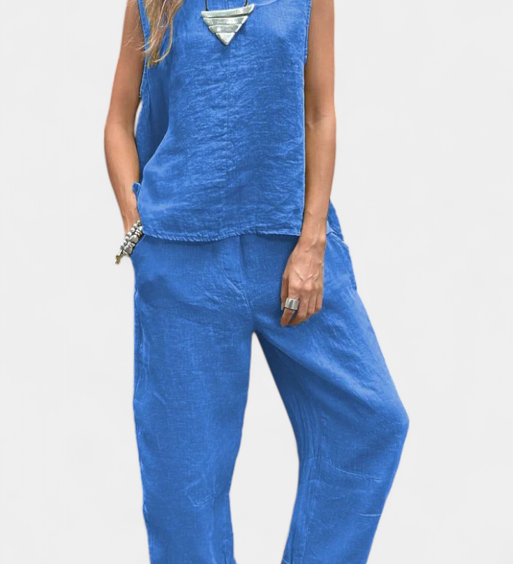 Leona Αμάνικο Σετ με Γιλέκο και Παντελόνι από Βαμβάκι και Λινό