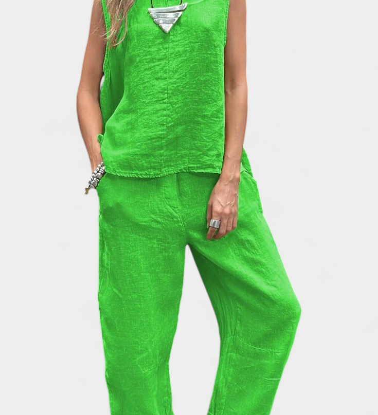 Leona Αμάνικο Σετ με Γιλέκο και Παντελόνι από Βαμβάκι και Λινό