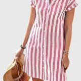 Φόρεμα Πουκάμισο από Λινό με Ρίγες και Κουμπιά