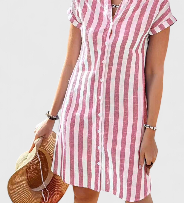 Φόρεμα Πουκάμισο από Λινό με Ρίγες και Κουμπιά