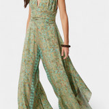 Λεάντρα Ρευστή Ολόσωμη Φόρμα Κρουαζέ με Πράσινο Λουλουδάτο Σχέδιο