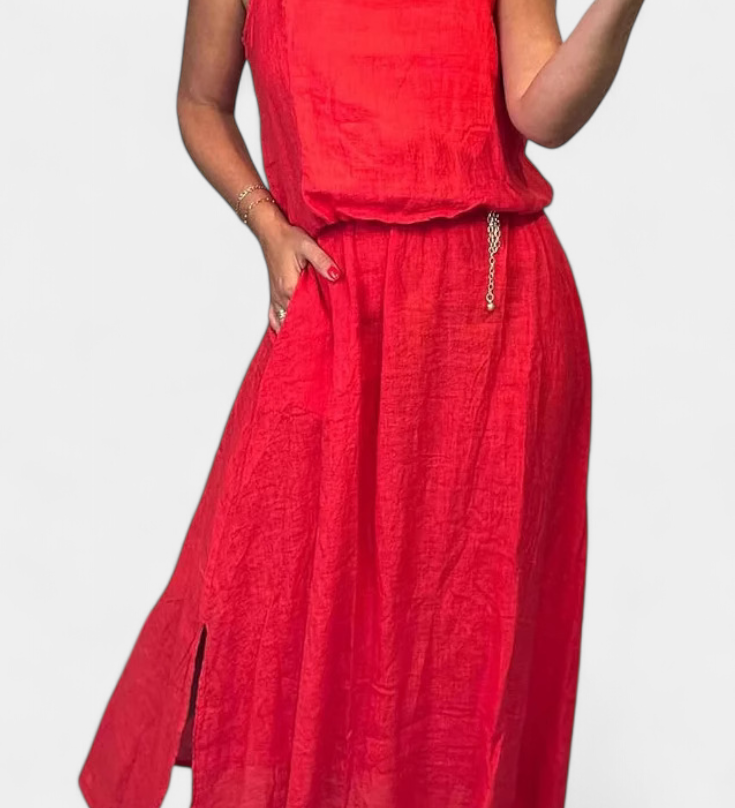 Σετ από Λινό και Βαμβάκι με Αμάνικο Γιλέκο και Φούστα