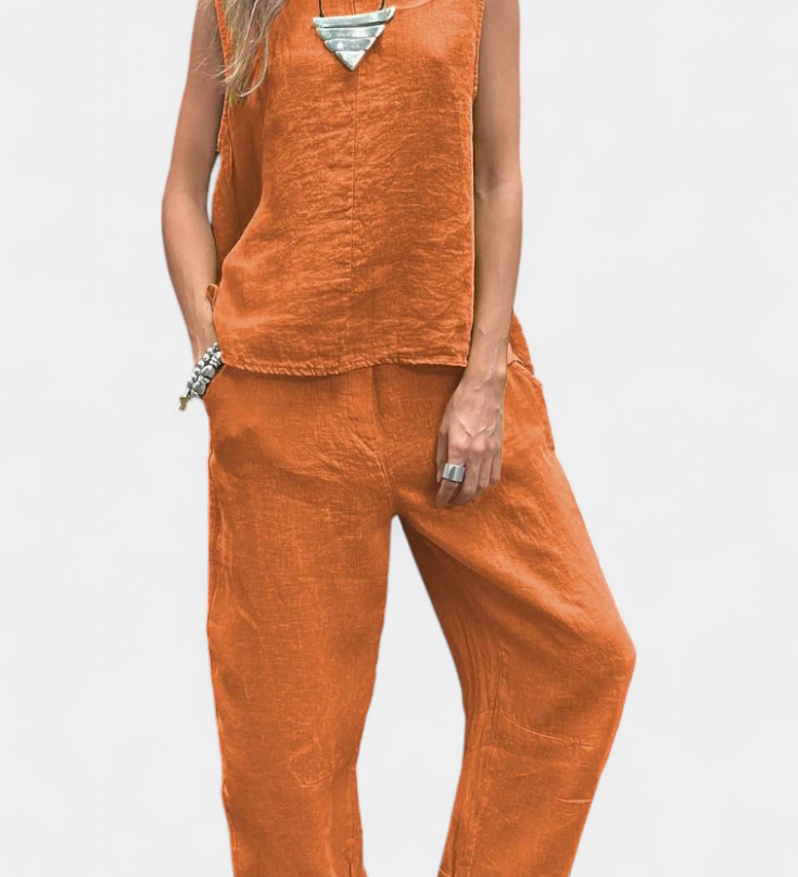 Leona Αμάνικο Σετ με Γιλέκο και Παντελόνι από Βαμβάκι και Λινό