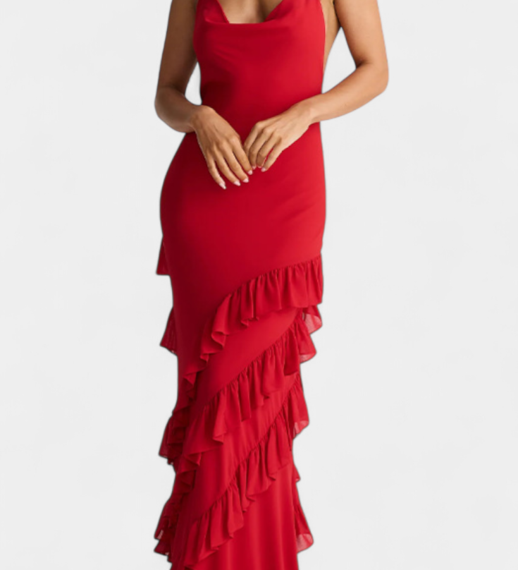 Padeline Μάξι Φόρεμα με Βολάν και Ανοιχτή Πλάτη