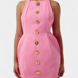 Υβόννη Μίνι Φόρεμα με Δετό Λαιμό, Ανοιχτή Πλάτη και Λουλουδάτη Λεπτομέρεια