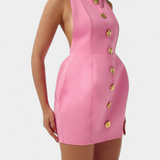 Υβόννη Μίνι Φόρεμα με Δετό Λαιμό, Ανοιχτή Πλάτη και Λουλουδάτη Λεπτομέρεια