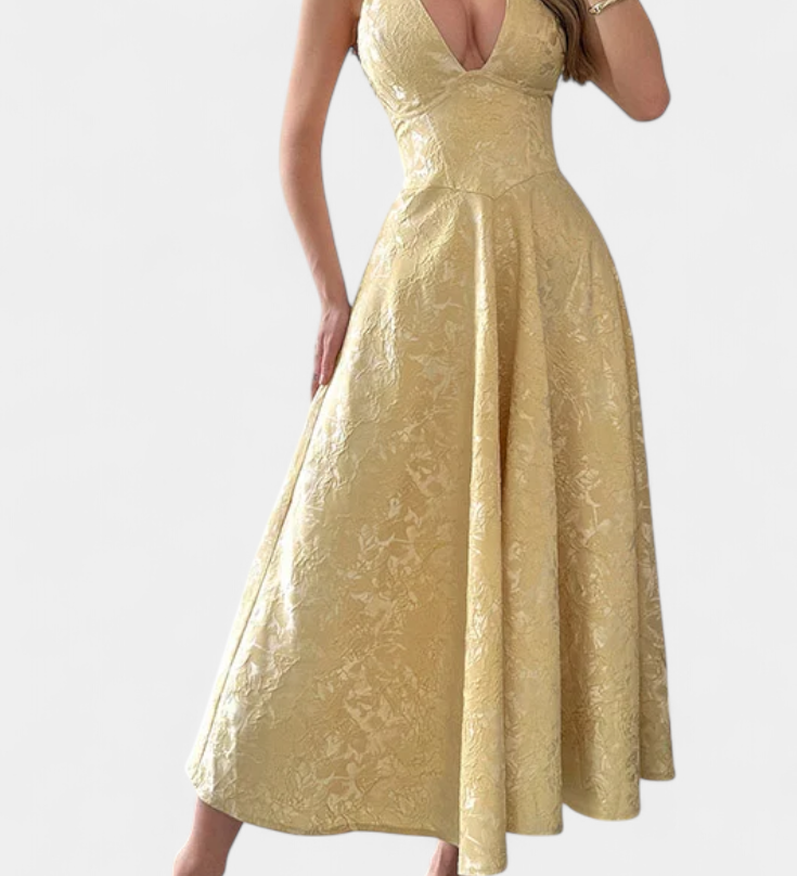 Gilda Φόρεμα Jacquard Midi με Ανοιχτή Πλάτη και Ψηλή Μέση