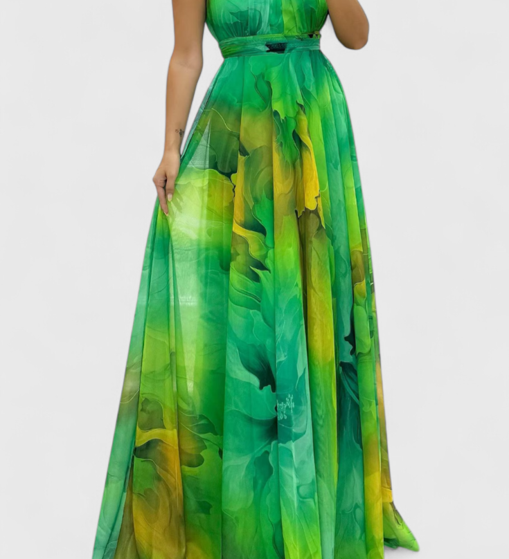 Καπρίς Μάξι Φόρεμα από Σιφόν με Λουλουδάτο Σχέδιο και Δετό Λαιμό