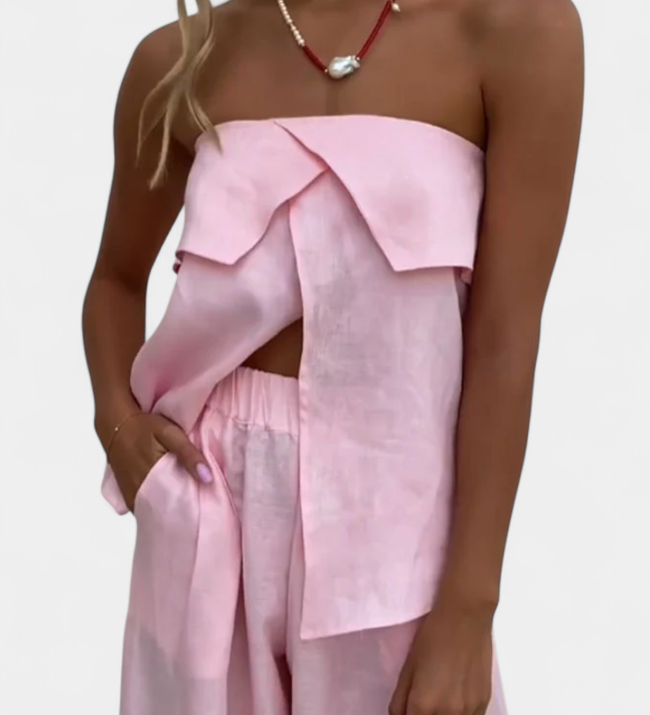 Oriana Στράπλες Σετ με Φούστα με Σκίσιμο σε Μονόχρωμο Σχέδιο