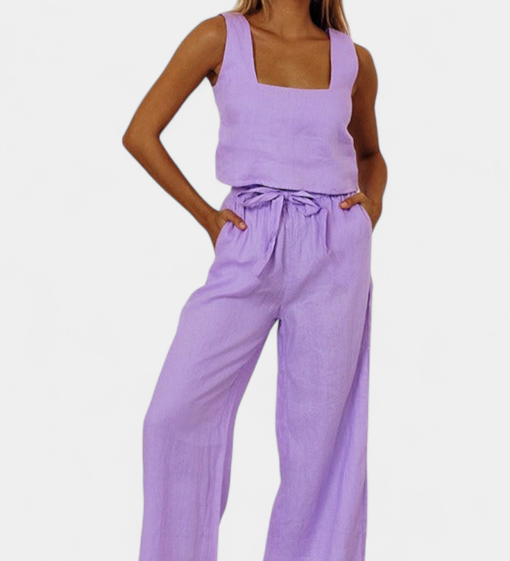 Pascuala Λινό Σετ Δύο Τεμαχίων με Αμάνικη Μπλούζα και Αέρινο Παντελόνι