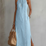 Jimena - Λινό μίντι φόρεμα με γιακά Mao