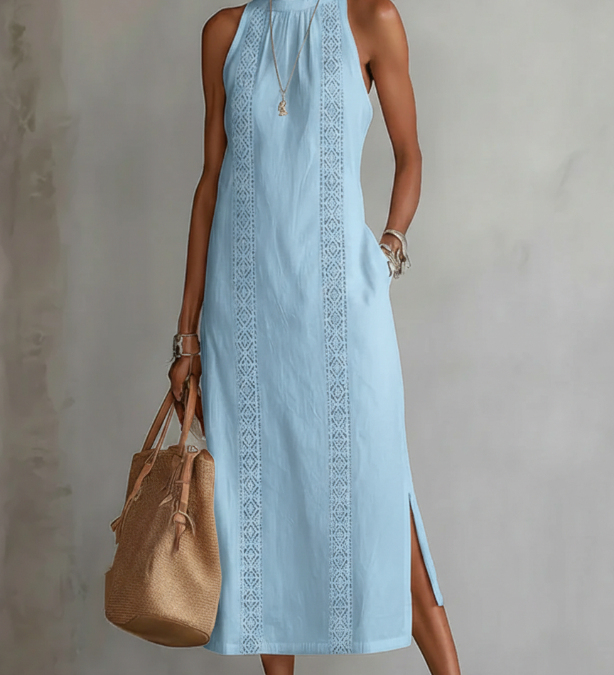 Jimena - Λινό μίντι φόρεμα με γιακά Mao