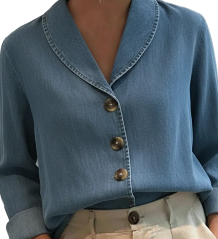 Riley - Vintage Denim Βαμβακερό Τοπ με Γιακά Σάλι και Κουμπιά (Vintage Shawl Collar Button-up Denim Cotton Top)
