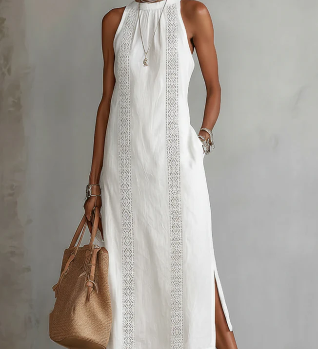 Jimena - Λινό μίντι φόρεμα με γιακά Mao