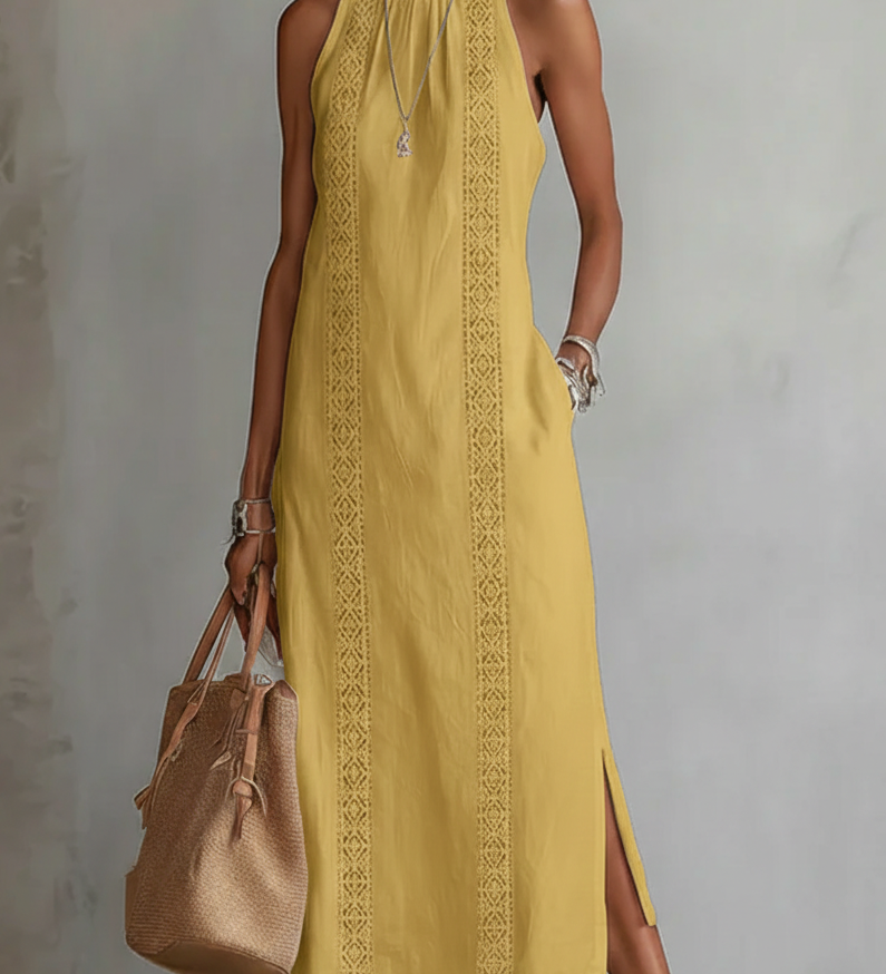 Jimena - Λινό μίντι φόρεμα με γιακά Mao