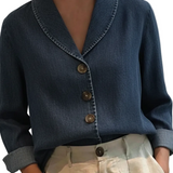 Riley - Vintage Denim Βαμβακερό Τοπ με Γιακά Σάλι και Κουμπιά (Vintage Shawl Collar Button-up Denim Cotton Top)