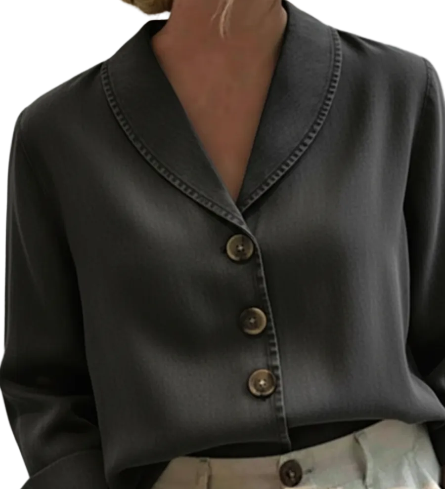 Riley - Vintage Denim Βαμβακερό Τοπ με Γιακά Σάλι και Κουμπιά (Vintage Shawl Collar Button-up Denim Cotton Top)