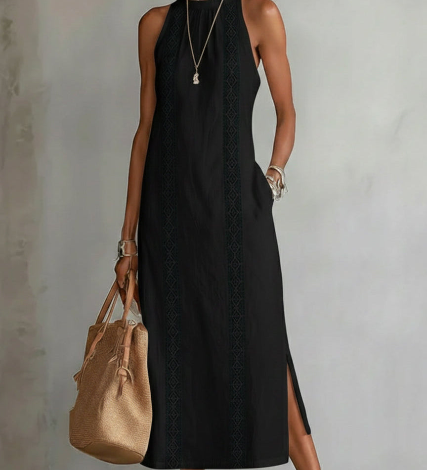 Jimena - Λινό μίντι φόρεμα με γιακά Mao